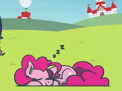 Size: 1800x1350 | Tagged: safe, artist:flutterluv, derpibooru import, pinkie pie, earth pony, pony, atg 2021, image, jpeg, lying down, mushroom kingdom, newbie artist training grounds, onomatopoeia, prone, sleeping, solo, sound effects, zzz