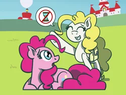 Size: 1800x1350 | Tagged: safe, artist:flutterluv, derpibooru import, pinkie pie, surprise, earth pony, pegasus, pony, atg 2021, duo, image, jpeg, mushroom kingdom, newbie artist training grounds, speech bubble