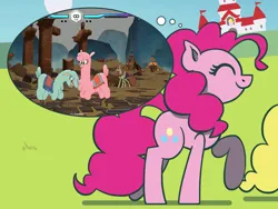 Size: 1800x1350 | Tagged: safe, artist:flutterluv, derpibooru import, paprika paca, pinkie pie, surprise, alpaca, earth pony, pegasus, pony, them's fightin' herds, atg 2021, community related, image, jpeg, mushroom kingdom, newbie artist training grounds, thought bubble