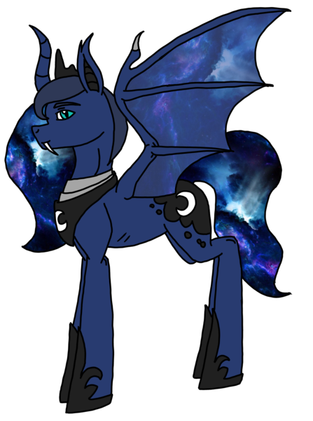 Size: 2627x3523 | Tagged: safe, artist:agdapl, derpibooru import, princess luna, alicorn, bat pony, bat pony alicorn, pony, bat wings, ethereal mane, female, galaxy mane, hoof shoes, horn, image, mare, peytral, png, simple background, transparent background, wings