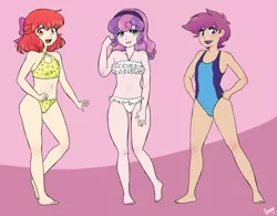 Size: 1451x1129 | Tagged: suggestive, artist:chango-tan, banned from derpibooru, ponybooru import, apple bloom, scootaloo, sweetie belle, human, alternate hairstyle, bikini, clothes, cutie mark crusaders, female, females only, human female, humanized, image, jpeg, lipstick, lolicon, one-piece swimsuit, simple background, swimsuit, trio, trio female, underage