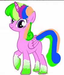 Size: 494x583 | Tagged: safe, artist:rainyponyindo, derpibooru import, oc, oc:rainy rainbow, alicorn, pony, 1000 hours in ms paint, alicorn oc, alternate hairstyle, alternate tailstyle, base used, female, gradient hooves, horn, ibispaint x, image, jpeg, looking at you, mare, rainbow power, rainbow power-ified, simple background, smiling, transparent background, wings