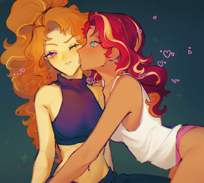 Size: 1696x1520 | Tagged: suggestive, artist:stummm, derpibooru import, adagio dazzle, sunset shimmer, equestria girls, bare shoulders, behaving like a dog, blushing, clothes, face licking, female, heart, image, jpeg, lesbian, licking, midriff, panties, shipping, shirt, sunsagio, tongue out, tsundagio, tsundere, underwear