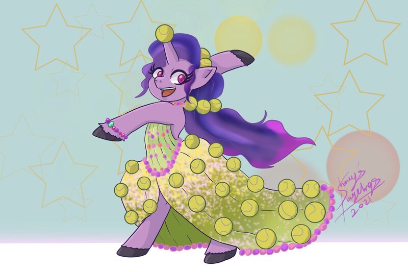 Size: 1772x1181 | Tagged: safe, artist:shacy's pagelings, derpibooru import, izzy moonbow, pony, unicorn, abstract background, ball, bipedal, bracelet, clothes, cute, dress, female, g5, horn, horn guard, horn impalement, hornball, image, izzy's tennis ball, izzybetes, jewelry, jpeg, mare, necklace, open mouth, ponytail, signature, skirt, solo, stars, tennis ball, that pony sure does love tennis balls, unshorn fetlocks