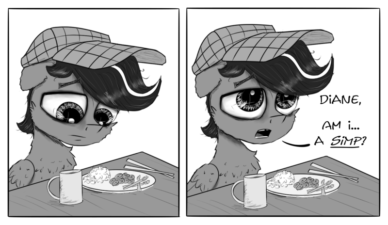 Size: 2000x1161 | Tagged: safe, artist:chopsticks, derpibooru import, oc, oc:chopsticks, pegasus, pony, comic:wtb is this?, cheek fluff, chest fluff, chopsticks, comic, dialogue, food, hat, image, implied pinkamena, male, monochrome, png, rice, simp, sitting, solo, text