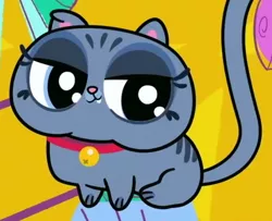 Size: 480x390 | Tagged: safe, derpibooru import, screencap, cute-pocalypse meow, my little pony: pony life, spoiler:pony life s01e03, bell, bubbles cherub mcsquee, bubbles (pony life), collar, cropped, image, png, solo
