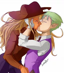 Size: 1584x1796 | Tagged: safe, artist:swain, artist:swainartfs, derpibooru import, applejack, spike, human, applespike, colored, female, humanized, image, jpeg, kissing, male, shipping, straight