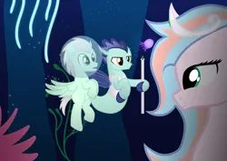 Size: 5940x4200 | Tagged: safe, artist:candymeow333, derpibooru import, oc, unofficial characters only, jellyfish, pegasus, pony, seapony (g4), bubble, bubble helmet, coral, crown, female, fin wings, fins, green eyes, image, jewelry, looking at each other, male, ocean, open mouth, png, regalia, seaweed, solo, swimming, underwater, water, wings