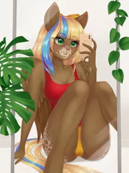 Size: 955x1280 | Tagged: suggestive, artist:winnigrette, derpibooru import, oc, unofficial characters only, anthro, pegasus, unguligrade anthro, blushing, breasts, cameltoe, clothes, commission, digital art, female, image, jpeg, mirror, mobile phone, one-piece swimsuit, phone, selfie, smartphone, solo, solo female, swimsuit, tail, thighs, underass, wide hips, wings, ych result