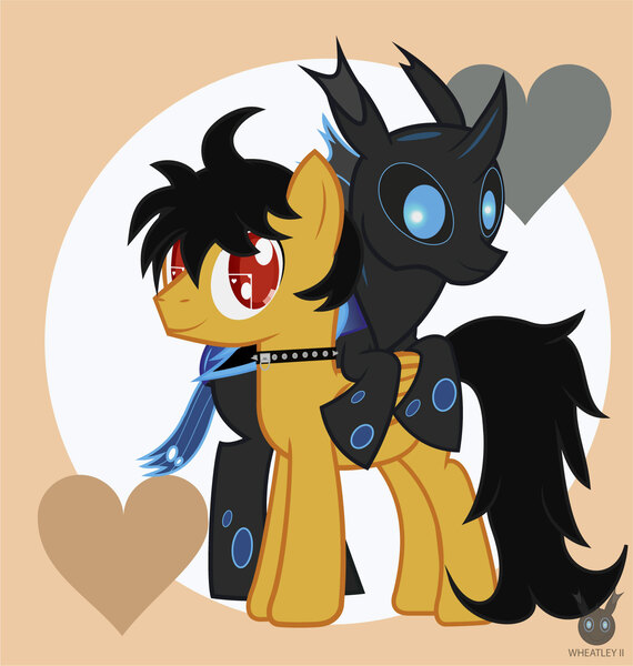 Size: 1474x1551 | Tagged: safe, artist:wheatley r.h., derpibooru import, oc, oc:rito, oc:w. rhinestone eyes, unofficial characters only, changeling, pegasus, pony, automata, blue changeling, changeling oc, derpibooru exclusive, happy, heart, honeypot changeling, image, jewelry, jpeg, male, messy tail, necklace, pegasus oc, stallion, vector, watermark, wings, yellow coat