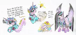 Size: 1024x475 | Tagged: safe, artist:grimmyweirdy, derpibooru import, princess cadance, princess flurry heart, between dark and dawn, alternate hairstyle, clothes, clothes swap, collar, episode reference, eyeshadow, goth, hair over eyes, image, jpeg, lightbulb, makeup, mane swap, newspaper, next generation, older, older princess cadance, piercing, princess emo heart, spiked collar, wing piercing