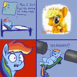 Size: 2000x2000 | Tagged: safe, artist:dummyhorse, derpibooru import, applejack, rainbow dash, earth pony, pegasus, pony, 4 panel comic, atg 2021, bed, comic, competition, competitive, dialogue, dumbbell (object), duo, exercise, female, gasp, high res, image, jpeg, lying down, mare, morning, motivation, newbie artist training grounds, on back, open mouth, shocked, thought bubble, waking up, wide eyes, window, yeah!!!!!!!!