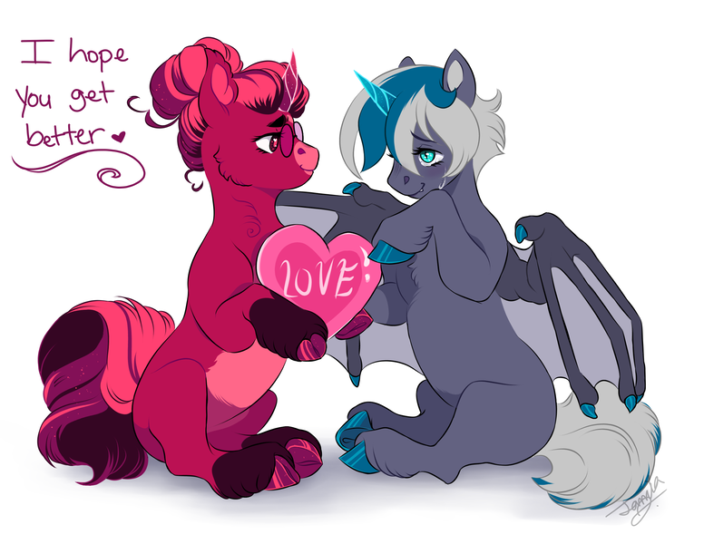 Size: 2200x1700 | Tagged: safe, artist:theartfox2468, derpibooru import, oc, oc:elizabat stormfeather, oc:venus red heart, unofficial characters only, alicorn, bat pony, bat pony alicorn, pony, alicorn oc, bat pony oc, bat wings, chest fluff, crying, curved horn, cute, ear fluff, fangs, female, glasses, heart, heart eyes, horn, image, ings, leg fluff, mare, missing cutie mark, png, positive ponies, simple background, sitting, support, unshorn fetlocks, white background, wingding eyes, wings