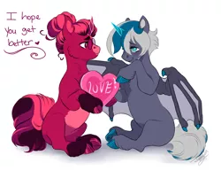 Size: 2200x1700 | Tagged: safe, artist:theartfox2468, derpibooru import, oc, oc:elizabat stormfeather, oc:venus red heart, unofficial characters only, alicorn, bat pony, bat pony alicorn, pony, alicorn oc, bat pony oc, bat wings, chest fluff, crying, curved horn, cute, ear fluff, fangs, female, glasses, heart, heart eyes, horn, image, ings, leg fluff, mare, missing cutie mark, png, positive ponies, simple background, sitting, support, unshorn fetlocks, white background, wingding eyes, wings