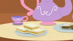 Size: 1280x720 | Tagged: safe, derpibooru import, screencap, discordant harmony, background, cup, fluttershy's cottage (interior), food, image, no pony, plate, png, sandwich, scenic ponyville, teacup, teapot