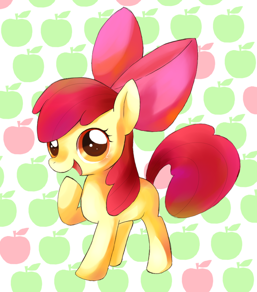 Size: 900x1024 | Tagged: safe, artist:ころにゃん, derpibooru import, apple bloom, pony, adorabloom, apple, blank flank, blushing, cute, female, filly, food, image, open mouth, pixiv, png, solo