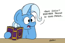 Size: 2136x1400 | Tagged: safe, artist:bobthedalek, derpibooru import, trixie, pony, unicorn, atg 2021, blatant lies, book, friendship journal, head on hoof, image, newbie artist training grounds, png