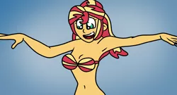 Size: 1994x1080 | Tagged: suggestive, artist:jadethepegasus, derpibooru import, sunset shimmer, human, fanfic:sunset shimmer discovers her feet, equestria girls, adorasexy, adorkable, armpits, arms in the air, arms out, belly button, bra, clothes, crossover, cute, dork, female, half naked, humanized, image, midriff, png, seashell, seashell bra, sexy, smiling, solo, stupid sexy sunset shimmer, the little mermaid, underwear