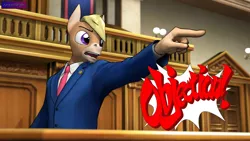 Size: 3840x2160 | Tagged: safe, artist:antonsfms, derpibooru import, oc, oc:nickyequeen, unofficial characters only, anthro, donkey, 3d, ace attorney, alternate universe, anthro oc, badge, banner, clothes, commission, commissioner:nickyequeen, court, courtroom, crossover, desk, donkey oc, formal attire, formal wear, high res, image, image set, male, objection, open mouth, phoenix wright, png, pointing, solo, source filmmaker, suit, text, yelling