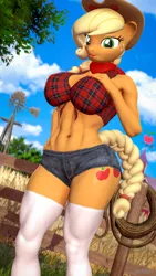 Size: 2160x3840 | Tagged: suggestive, alternate version, artist:muhjob, applejack, anthro, abs, braid, braided tail, clothes, daisy dukes, front knot midriff, hat, image, midriff, png, shorts, socks, thigh highs