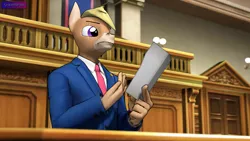 Size: 3840x2160 | Tagged: safe, alternate version, artist:antonsfms, derpibooru import, oc, oc:nickyequeen, unofficial characters only, anthro, donkey, 3d, ace attorney, alternate universe, anthro oc, badge, banner, clothes, commission, commissioner:nickyequeen, court, courtroom, crossover, desk, document, donkey oc, formal attire, formal wear, high res, holding, image, image set, male, paper, phoenix wright, png, pointing, smug, solo, source filmmaker, suit