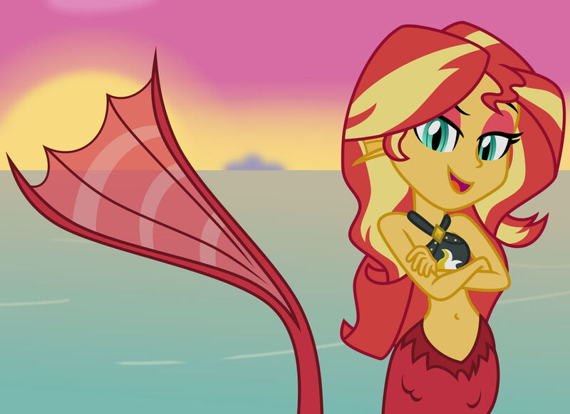 Size: 1024x745 | Tagged: safe, artist:emeraldblast63, derpibooru import, sunset shimmer, mermaid, siren, belly button, bikini, bikini top, clothes, crossed arms, dreamworks face, female, image, jpeg, mermaidized, open mouth, open smile, sirenified, smiling, solo, species swap, sunset, sunset siren, swimsuit