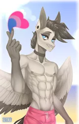 Size: 3200x5000 | Tagged: suggestive, artist:sparklyon3, derpibooru import, oc, oc:spectrum storm, anthro, pegasus, beach, clothes, collar, image, male, muscles, png, pride month, solo