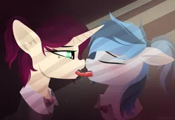 Size: 3127x2155 | Tagged: suggestive, artist:andaluce, derpibooru import, oc, oc:haze northfleet, oc:mulberry merlot, unofficial characters only, pony, unicorn, blushing, clothes, cute, female, french kiss, image, kissing, lesbian, mare, png, salivating