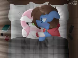 Size: 2000x1500 | Tagged: safe, artist:jadebreeze115, derpibooru import, oc, oc:bizarre song, oc:sugar morning, unofficial characters only, pegasus, pony, blanket, book, couple, cuddling, cuddling in bed, cute, duo, female, holding hooves, image, looking at each other, male, mare, pegasus oc, phone, png, romantic, shipping, stallion, wings