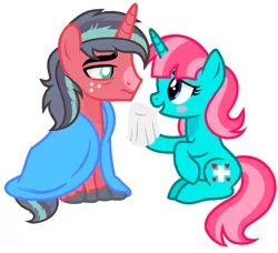 Size: 1104x1008 | Tagged: safe, artist:socket1971, derpibooru import, oc, oc:shinning apple, oc:sweetheart, pony, unicorn, blanket, duo, female, handkerchief, image, magical gay spawn, male, mare, offspring, parent:big macintosh, parent:nurse redheart, parent:shining armor, parent:unknown, parents:shiningmac, png, simple background, sitting, stallion, white background