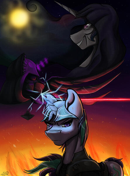 Size: 1280x1728 | Tagged: safe, artist:mixdaponies, derpibooru import, princess celestia, starlight glimmer, twilight sparkle, darth sidious, darth vader, fire, force lightning, image, jpeg, red lightsaber, space, spaceship, star destroyer, star wars, starkiller, the force unleashed