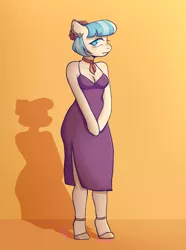 Size: 1864x2500 | Tagged: safe, artist:zowzowo, derpibooru import, coco pommel, anthro, earth pony, unguligrade anthro, arm hooves, breasts, cleavage, clothes, dress, fullbody, gala, image, orange background, png, purple dress, shadow, shy, side slit, simple background, solo