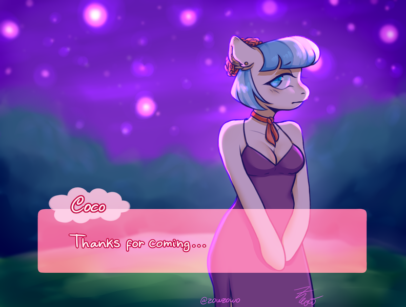 Size: 2000x1516 | Tagged: safe, artist:zowzowo, derpibooru import, coco pommel, anthro, earth pony, arm hooves, breasts, cleavage, clothes, cocobetes, cute, dating sim, dress, fake screencap, gala, garden, image, night, night sky, png, purple dress, purple sky, shy, sky, solo, stars