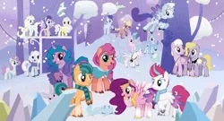 Size: 1056x571 | Tagged: safe, artist:soft_angel, derpibooru import, dazzle feather, hitch trailblazer, izzy moonbow, minty, phyllis cloverleaf, pipp petals, queen haven, sunny starscout, zipp storm, cat, crocodile, dog, earth pony, pegasus, pony, rabbit, turtle, unicorn, animal, argyle starshine, clothes, crystal, female, g5, g5 to g4, image, male, mane five (g5), pets, png, royal guard, scarf, snow, tree, winter, zoom zephyrwing