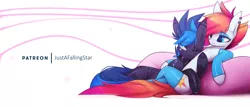 Size: 4090x1743 | Tagged: safe, artist:justafallingstar, derpibooru import, oc, oc:nean, oc:vibrant star, unofficial characters only, earth pony, pony, choker, clothes, collar, crossed legs, cuddling, ear piercing, earring, earth pony oc, eye clipping through hair, eyebrows, eyebrows visible through hair, eyeshadow, glowing tattoos, heart, high res, hoofless socks, image, jewelry, makeup, male, no pupils, one eye closed, patreon, piercing, png, simple background, smiling, socks, stallion, stockings, tattoo, thigh highs, white background