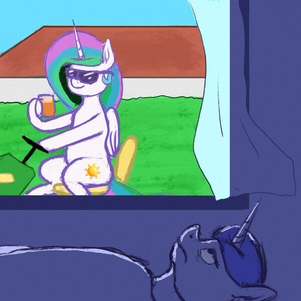 Size: 1280x1280 | Tagged: safe, artist:dummyhorse, derpibooru import, princess celestia, princess luna, alicorn, pony, 30 year old boomer, alcohol, beer, blanket, boomer, image, jpeg, lawn mower, meme, ponified meme, sunglasses, window