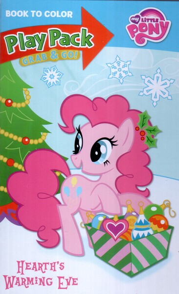 Size: 1237x2029 | Tagged: safe, derpibooru import, official, pinkie pie, earth pony, pony, christmas, christmas tree, coloring book, hearth's warming eve, hearth's warming eve coloring book, holiday, holly, image, jpeg, ornament, play pack, snow, snowflake, solo, tree