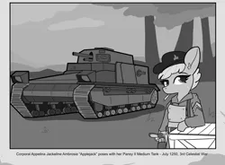 Size: 4616x3405 | Tagged: safe, artist:tjpones, derpibooru import, applejack, earth pony, pony, bipedal, bipedal leaning, cigarette, clothes, female, grayscale, gun, handgun, high res, image, leaning, mare, military uniform, monochrome, png, revolver, tank (vehicle), uniform, weapon