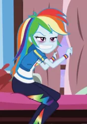 Size: 509x721 | Tagged: safe, derpibooru import, screencap, rainbow dash, equestria girls, equestria girls series, holidays unwrapped, spoiler:eqg series (season 2), athletic legs, bags under eyes, blizzard or bust, clothes, cropped, curvy, faic, female, grin, hoodie, image, jpeg, legs, rainbow dash is best facemaker, sleep deprivation, smiling, the ass was flat, thicc ass, thick, thighs