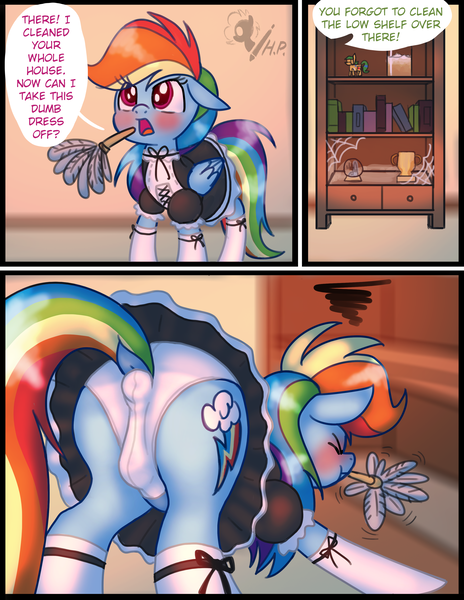 Size: 2550x3300 | Tagged: questionable, artist:horsepen, derpibooru import, rainbow dash, pegasus, pony, :t, angry, anus, anus cameltoe, blushing, butt, cameltoe, clothes, comic, cute, dashabetes, dialogue, dock, dress, dust, duster, dusting, embarrassed, eyes closed, female, floppy ears, high res, image, maid, mare, mouth hold, nudity, offscreen character, open mouth, panties, plot, png, ponut, rainbow dash always dresses in style, rainbow dash is not amused, rainbow maid, rainbutt dash, rear view, shelf, skirt, socks, solo, solo female, speech bubble, spider web, stockings, stupid sexy rainbow dash, tail, thigh highs, unamused, underwear, upskirt