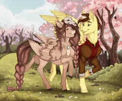 Size: 1500x1243 | Tagged: safe, artist:shchavel, derpibooru import, oc, oc:cherry blossom, oc:ondrea, oc:silver lining, pegasus, background, braid, braided tail, comic, couple, cute, date, image, jpeg, park, part 1, smiling, spring, story, sunny, sweet, walk