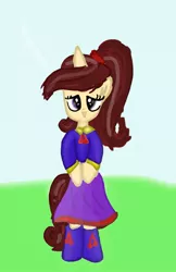 Size: 665x1024 | Tagged: safe, artist:rainyponyindo, derpibooru import, oc, oc:harmony star, pony, semi-anthro, unicorn, brown hair, clothes, cute, female, grass, horn, image, jewelry, jpeg, looking at you, mare, necklace, ocbetes, open mouth, ponytail, shoes, shy, skirt, sky, smiling, smiling at you, unicorn oc