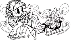 Size: 1703x953 | Tagged: safe, derpibooru import, official, part of a set, spike, twilight sparkle, twilight sparkle (alicorn), alicorn, dragon, pony, unicorn, clothes, coloring book, female, headband, hearth's warming eve, hearth's warming eve coloring book, ice skates, image, indexed png, mare, monochrome, png, scan, scarf, simple background, sleigh, white background, winter hat