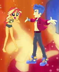 Size: 595x720 | Tagged: safe, artist:spidey-gamer-crack, derpibooru import, edit, edited screencap, screencap, flash sentry, sunset shimmer, cheer you on, equestria girls, equestria girls series, spoiler:eqg series (season 2), belly button, clothes, converse, cropped, cute, female, flashimmer, image, jewelry, male, necklace, open clothes, open mouth, open shirt, png, shimmerbetes, shipping, shoes, sleeveless, straight, sunset shimmer's beach shorts swimsuit, surprised, swimsuit