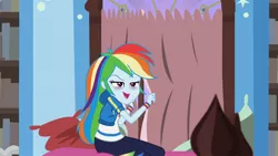 Size: 1920x1080 | Tagged: safe, derpibooru import, screencap, rainbow dash, equestria girls, equestria girls series, holidays unwrapped, spoiler:eqg series (season 2), bags under eyes, blizzard or bust, clothes, curtains, grin, hoodie, image, jpeg, smiling, tired