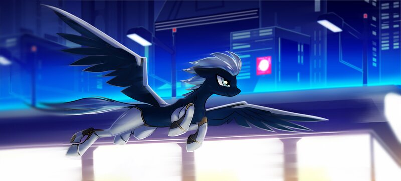 Size: 4096x1847 | Tagged: safe, artist:fenixdust, derpibooru import, oc, oc:morning mist, unofficial characters only, pegasus, pony, amputee, city, cityscape, cyber legs, flying, high res, image, jpeg, male, pegasus oc, prosthetic limb, prosthetics, smiling, smirk, solo, solo male, stallion, streetlight, wings