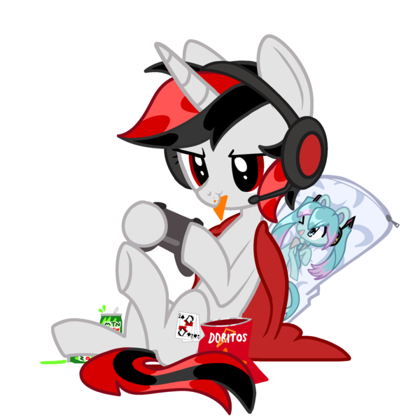 Size: 2619x2619 | Tagged: safe, artist:blurry-kun, derpibooru import, oc, oc:blackjack, unofficial characters only, pony, unicorn, fallout equestria, fallout equestria: project horizons, body pillow, chips, commission, controller, cute, doritos, eating, fanfic art, female, food, gaming, gaming headset, headset, high res, hoof hold, horn, image, large horn, mare, mountain dew, outline, png, simple background, soda can, solo, transparent background, unicorn oc, ych result