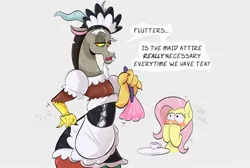 Size: 2389x1604 | Tagged: safe, artist:another_pony, derpibooru import, discord, fluttershy, draconequus, pegasus, pony, blushing, clothes, crossdressing, dialogue, duster, femboy discord, french maid, hooves on mouth, image, jpeg, lidded eyes, maid, maid discord, wide eyes