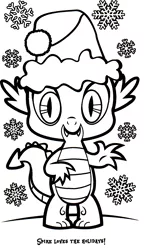 Size: 1001x1718 | Tagged: safe, derpibooru import, part of a set, spike, dragon, christmas, coloring book, hat, hearth's warming eve coloring book, holiday, image, indexed png, looking at you, male, monochrome, official, png, santa hat, scan, simple background, snow, snowflake, solo, waving, waving at you, white background