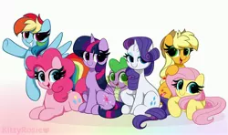 Size: 4096x2418 | Tagged: safe, artist:kittyrosie, derpibooru import, applejack, fluttershy, pinkie pie, rainbow dash, rarity, spike, twilight sparkle, twilight sparkle (alicorn), alicorn, dragon, earth pony, pony, unicorn, cute, dashabetes, diapinkes, hair over one eye, image, jackabetes, jpeg, mane seven, mane six, open mouth, raribetes, shyabetes, sitting, twiabetes